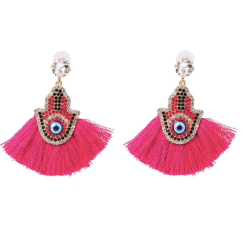 " RABAT " - Fringe Hamsa Hand Evil Eye Earring